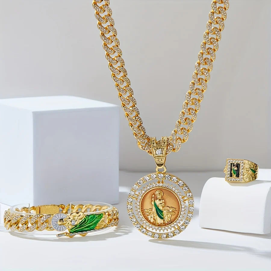 Men's Hip Hop Fashion Set: St. Jude Necklace, Bracelet & Ring - Zinc Alloy with Rhinestone Accents