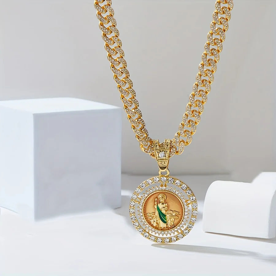 Men's Hip Hop Fashion Set: St. Jude Necklace, Bracelet & Ring - Zinc Alloy with Rhinestone Accents