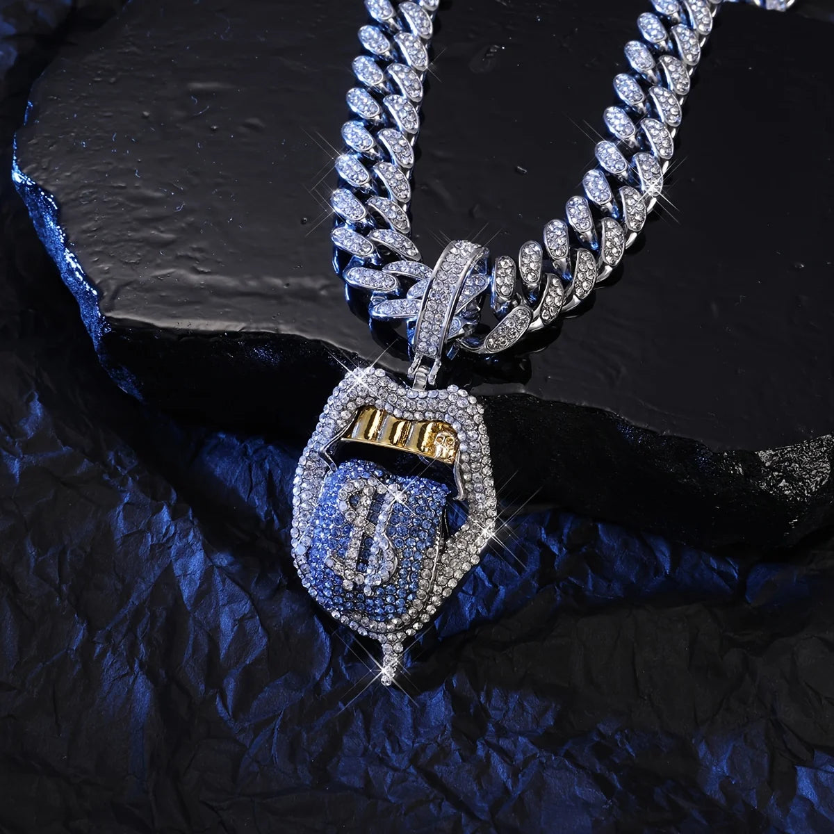 Iced Out Dollar Tongue Pendant – Bold Hip Hop Cuban Chain for Men & Women | A Heaven
