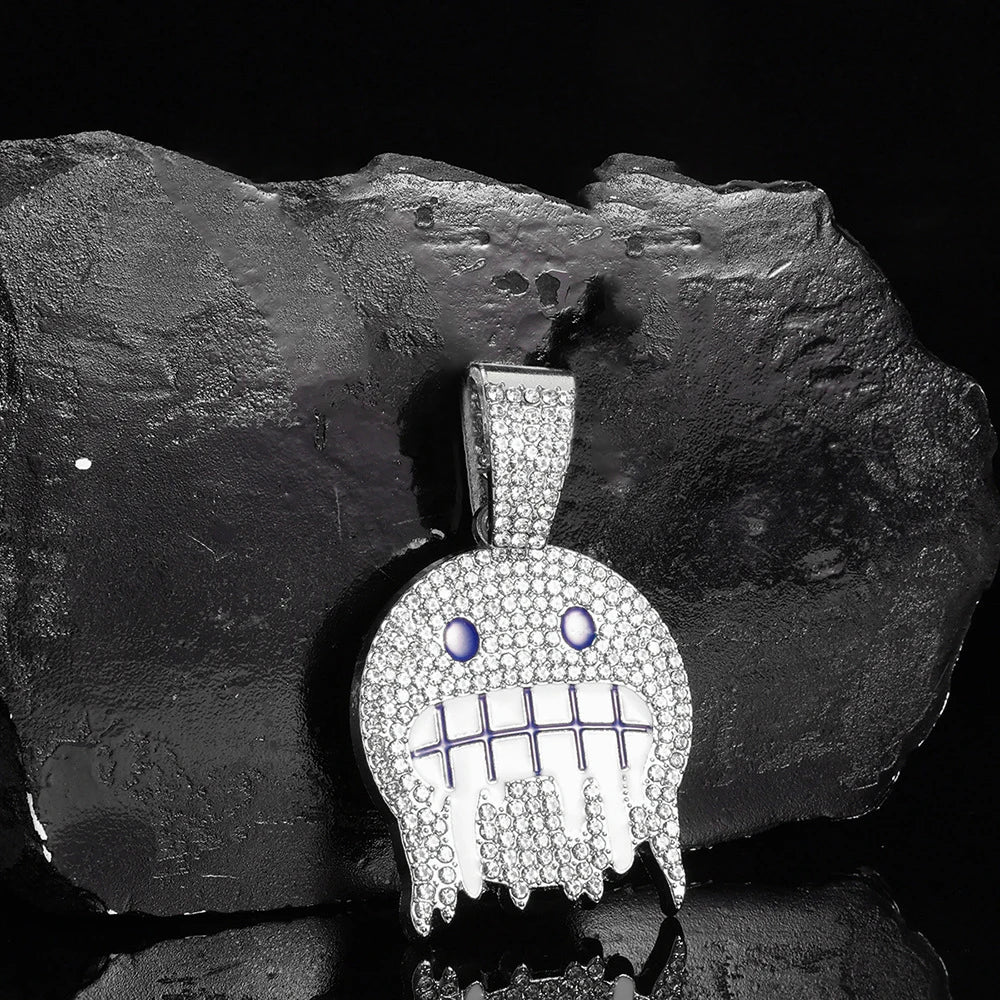 Iced Out Smiley Face Pendant – Blue & White CZ Cuban Chain | A Heaven Exclusive