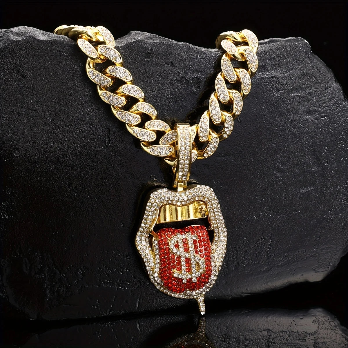 Iced Out Dollar Tongue Pendant – Bold Hip Hop Cuban Chain for Men & Women | A Heaven