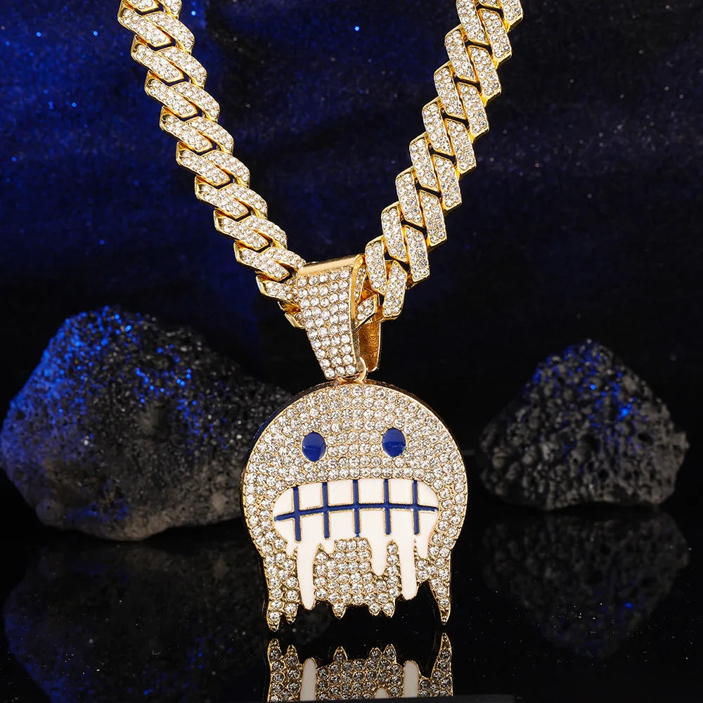 Iced Out Smiley Face Pendant – Blue & White CZ Cuban Chain | A Heaven Exclusive
