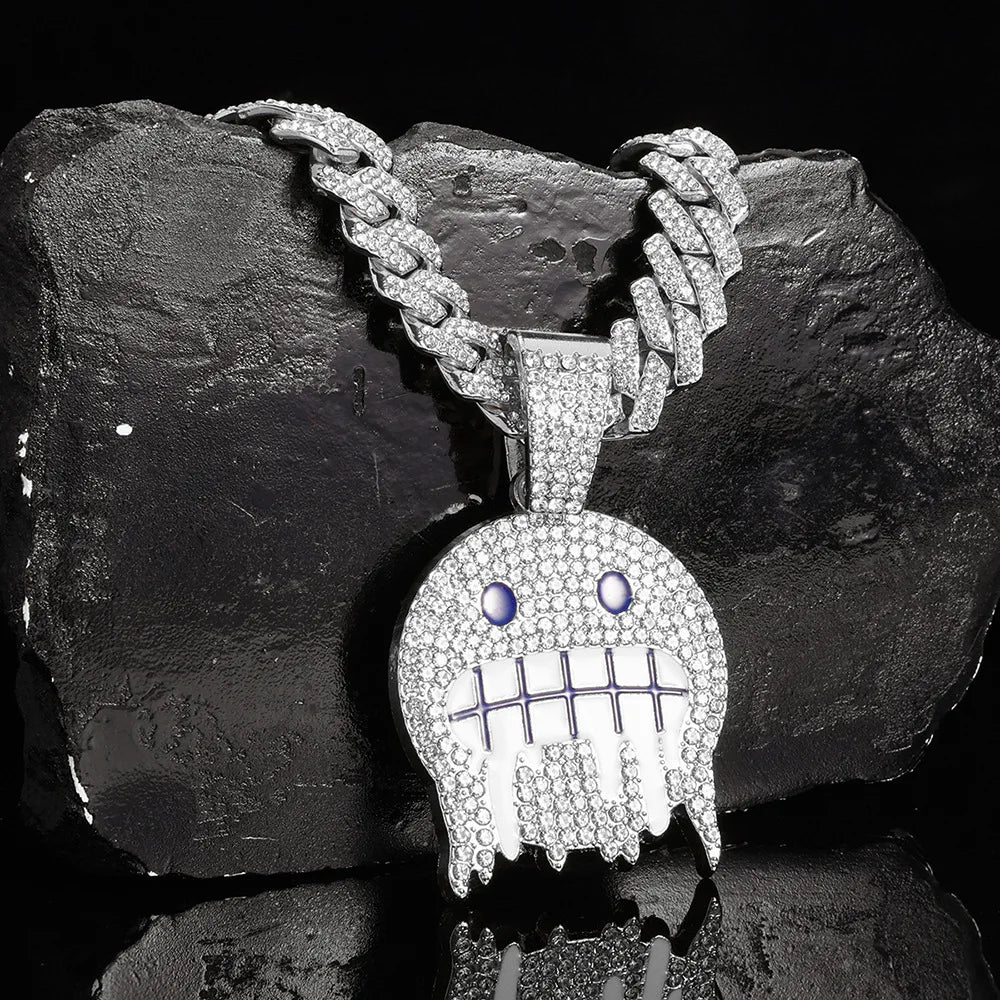 Iced Out Smiley Face Pendant – Blue & White CZ Cuban Chain | A Heaven Exclusive