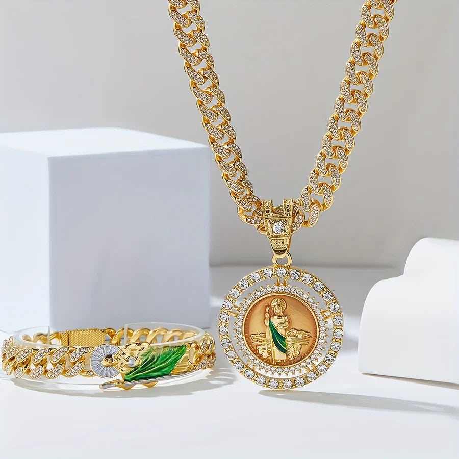 Men's Hip Hop Fashion Set: St. Jude Necklace, Bracelet & Ring - Zinc Alloy with Rhinestone Accents