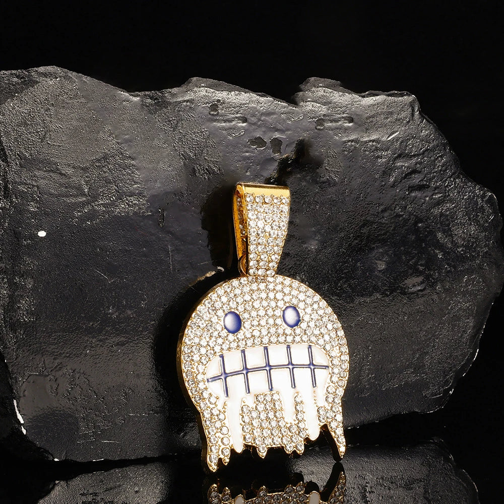 Iced Out Smiley Face Pendant – Blue & White CZ Cuban Chain | A Heaven Exclusive