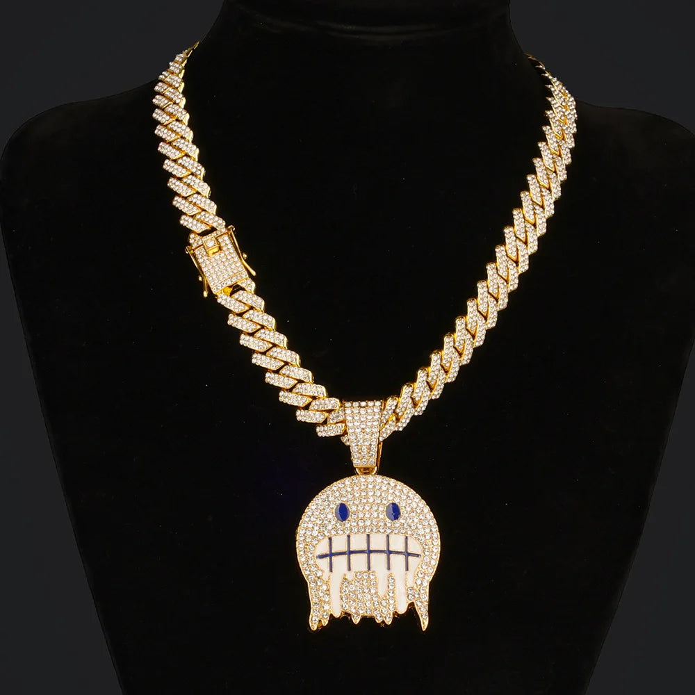 Iced Out Smiley Face Pendant – Blue & White CZ Cuban Chain | A Heaven Exclusive