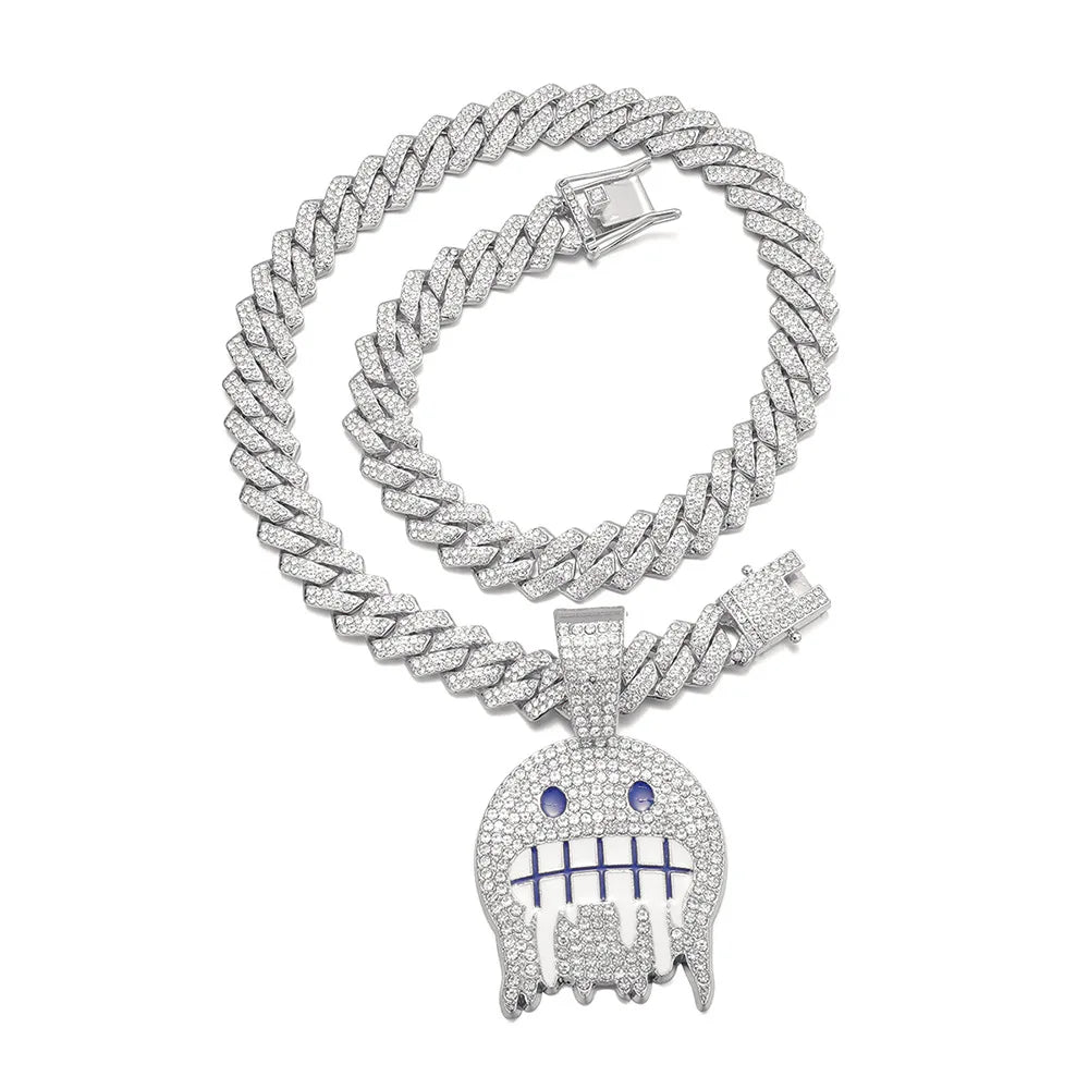 Iced Out Smiley Face Pendant – Blue & White CZ Cuban Chain | A Heaven Exclusive