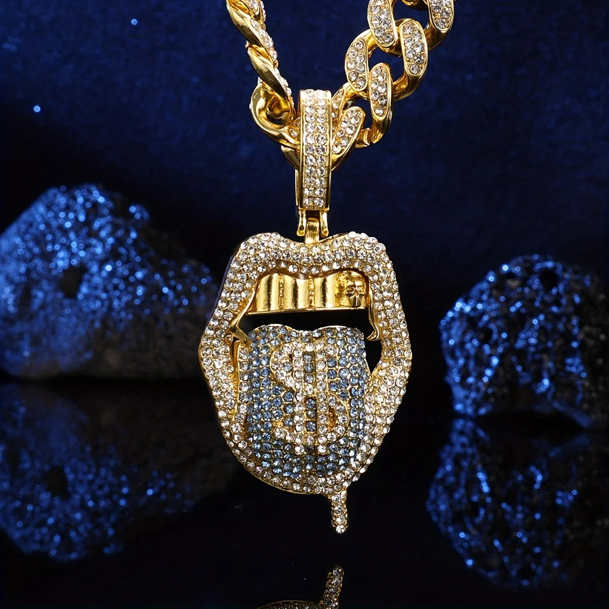 Iced Out Dollar Tongue Pendant – Bold Hip Hop Cuban Chain for Men & Women | A Heaven