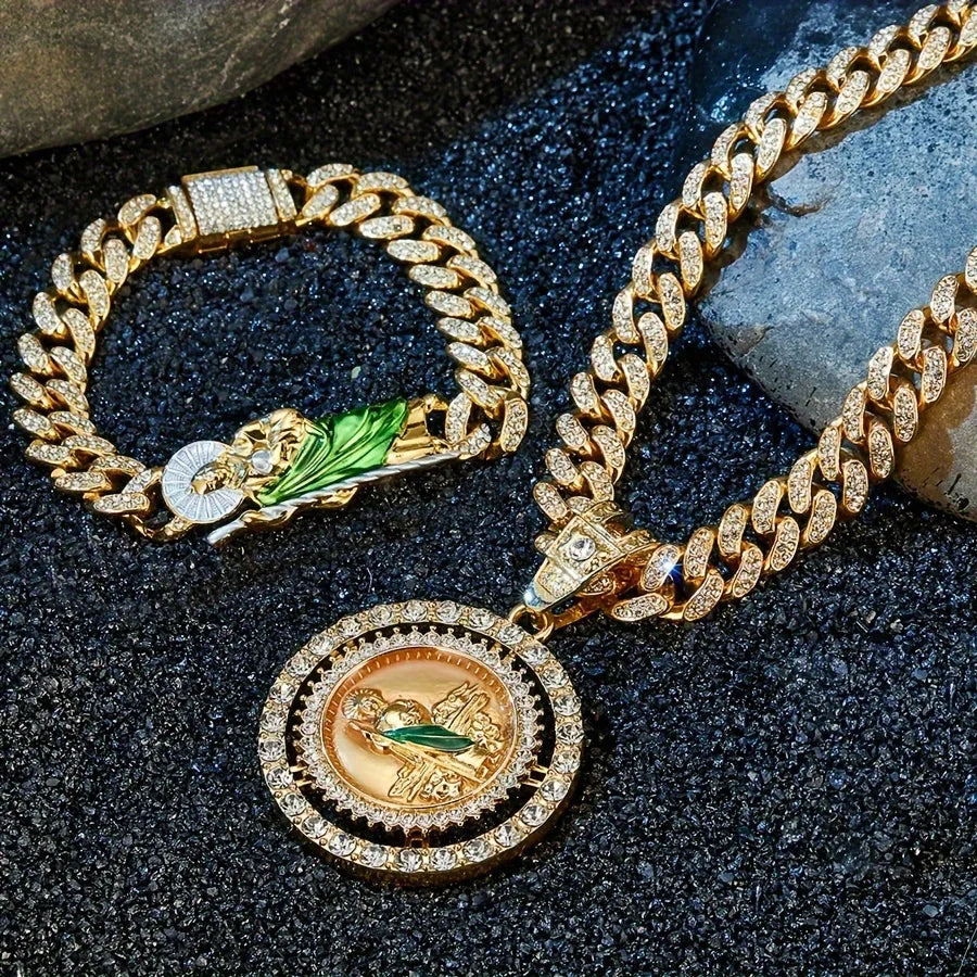 Men's Hip Hop Fashion Set: St. Jude Necklace, Bracelet & Ring - Zinc Alloy with Rhinestone Accents