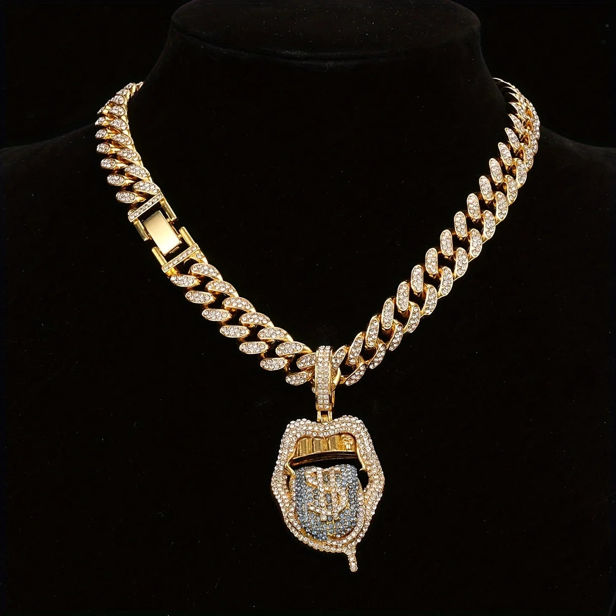 Iced Out Dollar Tongue Pendant – Bold Hip Hop Cuban Chain for Men & Women | A Heaven