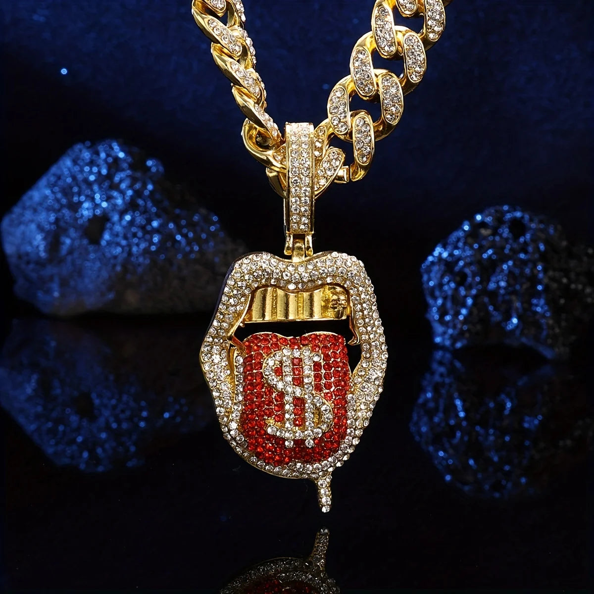 Iced Out Dollar Tongue Pendant – Bold Hip Hop Cuban Chain for Men & Women | A Heaven