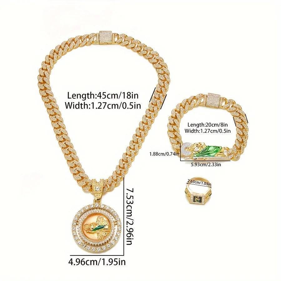 Men's Hip Hop Fashion Set: St. Jude Necklace, Bracelet & Ring - Zinc Alloy with Rhinestone Accents
