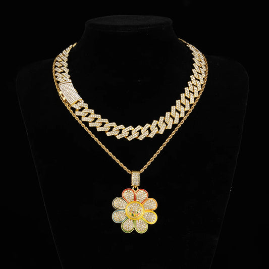 Iced Out Sunflower Pendant Chain – Premium Hip Hop Necklace