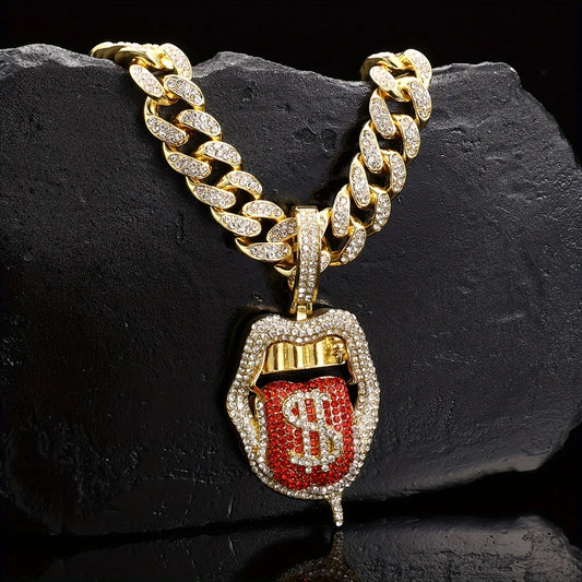 Iced Out Dollar Tongue Pendant – Bold Hip Hop Cuban Chain for Men & Women | A Heaven