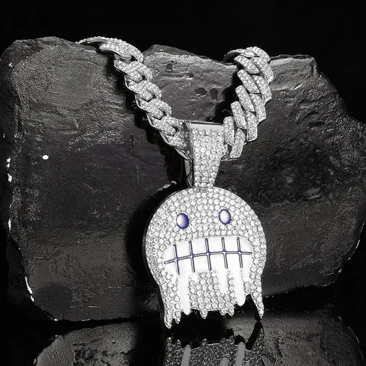 Iced Out Smiley Face Pendant – Blue & White CZ Cuban Chain | A Heaven Exclusive
