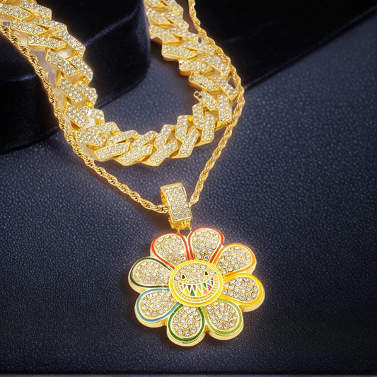Iced Out Sunflower Pendant Chain – Premium Hip Hop Necklace