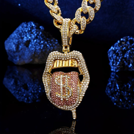 Iced Out Dollar Tongue Pendant – Bold Hip Hop Cuban Chain for Men & Women | A Heaven