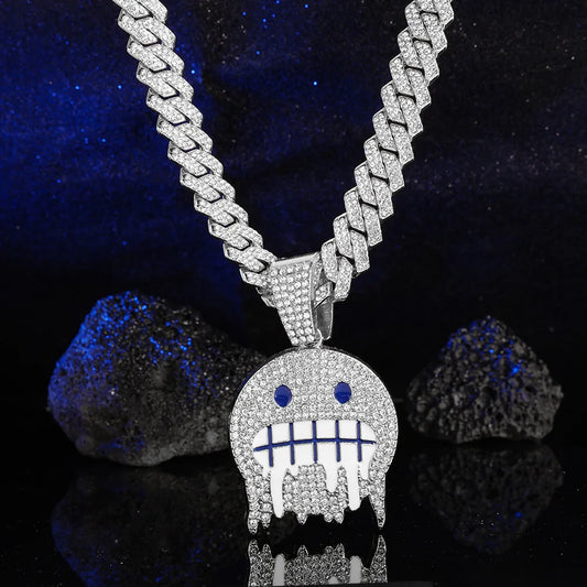 Iced Out Smiley Face Pendant – Blue & White CZ Cuban Chain | A Heaven Exclusive