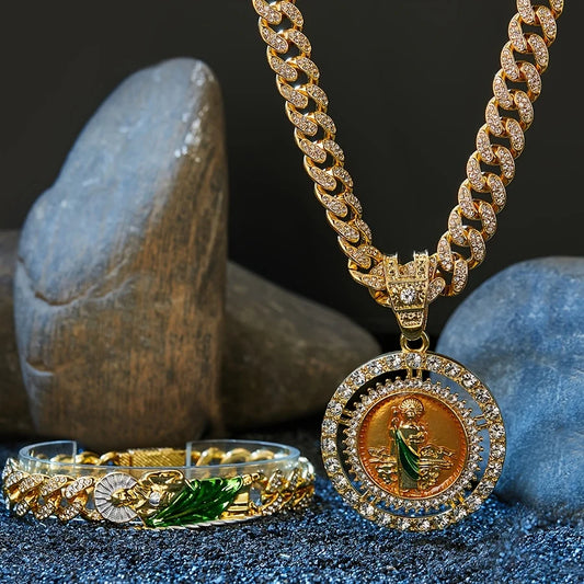 Men's Hip Hop Fashion Set: St. Jude Necklace, Bracelet & Ring - Zinc Alloy with Rhinestone Accents