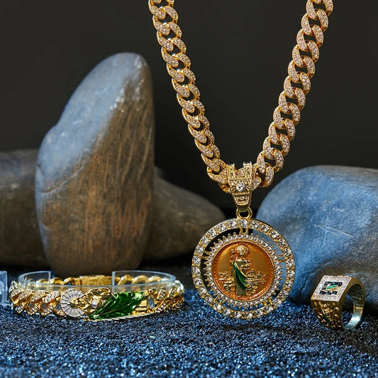 Men's Hip Hop Fashion Set: St. Jude Necklace, Bracelet & Ring - Zinc Alloy with Rhinestone Accents